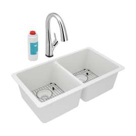 Quartz Classic 33" X 18-1/2" X 9-1/2" Equal Double Bowl Undermount Sink Kit With Filtered Faucet White, ELGU3322WH0FLC