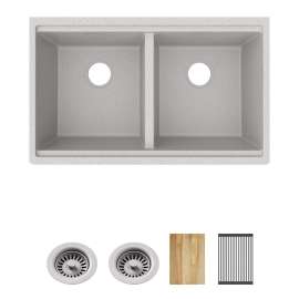 Quartz Classic 33" X 22" X 9-1/2" Equal Double Bowl Undermount Workstation Sink 4Pc Kit Greystone, ELGU3322WOGS0