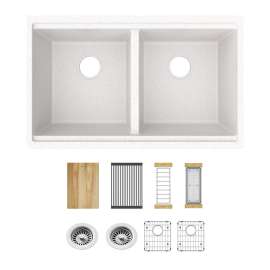 Quartz Classic 33" X 22" X 9-1/2" Equal Double Bowl Undermount Workstation Sink Kit White, ELGU3322WWH0