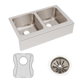 Lustertone Classic Stainless Steel 33" X 20-1/2" X 10" Equal Double Bowl Farmhouse Sink Kit, ELUHF332010DBG