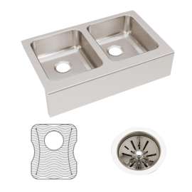Lustertone Classic Stainless Steel 33" X 20-1/2" X 7-7/8" Equal Double Bowl Farmhouse Sink Kit, ELUHF3320DBG