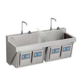 Stainless Steel 60" X 23" X 26" Wall Hung Double Station Surgeon Scrub Sink Kit W/Soap And Water Knee Activation, EWSF26026KWSC