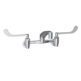 Foodservice 8" Centerset Wall Mount Faucet With 8" Arc Tube Spout 6" Wristblade Handles 1/2" Offset Inlets+Stop, LK940AT08T6S