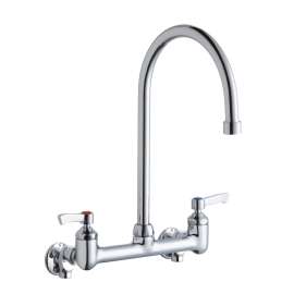 Scrub/Handwash 8" Centerset Wall Mount Faucet With 8" Gooseneck Spout 2" Lever Handles 1/2" Offset Inlets+Stop, LK940GN08L2S