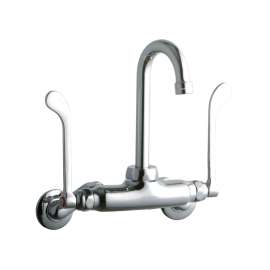 Foodservice 3-8" Adjustable Centers Wall Mount Faucet With 4" Gooseneck Spout 6" Wristblade Handles 2" Inlet, LK945GN04T6T