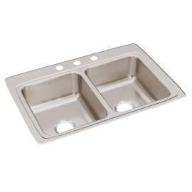 Lustertone Classic Stainless Steel 33" X 22" X 8-1/8" 3-Hole Equal Double Bowl Drop-In Sink, LR33223