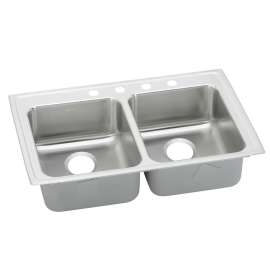 Lustertone Classic Stainless Steel 33" X 19-1/2" X 5-1/2" 3-Hole Equal Double Bowl Drop-In Ada Sink With Quick-Clip, LRADQ3319553