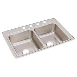 Lustertone Classic Stainless Steel 33" X 22" X 8-1/8" 4-Hole Equal Double Bowl Drop-In Sink With Quick-Clip, LRQ33224