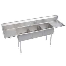 Dependabilt Stainless Steel 120" X 29-13/16" X 43-3/4" 18 Gauge Three Compartment Sink W/ 24" Left And Right Drainboards & Stainless Steel Legs, S3C24X24-2-24X