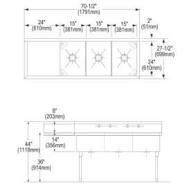 Sturdibilt Stainless Steel 70-1/2" X 27-1/2" X 14" Floor Mount Triple Compartment Scullery Sink W/ Drainboard, SS8345L2