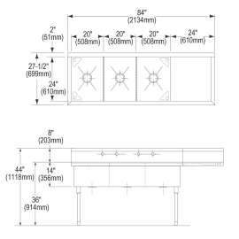 Sturdibilt Stainless Steel 85-1/2" X 27-1/2" X 14" Floor Mount Triple Compartment Scullery Sink W/ Drainboard, SS8360R4