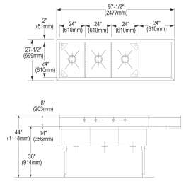 Sturdibilt Stainless Steel 97-1/2" X 27-1/2" X 14" Floor Mount Triple Compartment Scullery Sink W/ Drainboard, SS8372R6