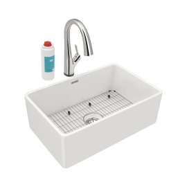 Fireclay 30" X 19-15/16" X 9-1/8" Single Bowl Farmhouse Sink Kit With Filtered Faucet White, SWUF28179WHFLC