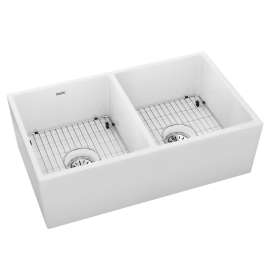 Fireclay 33" X 19-15/16" X 9" Equal Double Bowl Farmhouse Sink Kit White, SWUF32189WHC