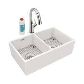 Fireclay 33" X 19-15/16" X 9" Equal Double Bowl Farmhouse Sink Kit With Filtered Faucet White, SWUF32189WHFLC