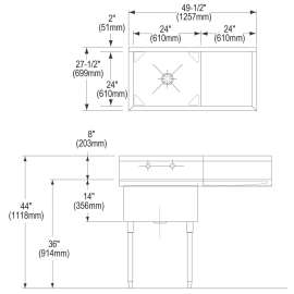 Weldbilt Stainless Steel 49-1/2" X 27-1/2" X 14" Floor Mount Single Compartment Scullery Sink With Drainboard, WNSF8124ROF1