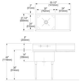 Weldbilt Stainless Steel 55-1/2" X 27-1/2" X 14" Floor Mount Single Compartment Scullery Sink With Drainboard, WNSF8130ROF1