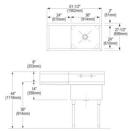 Weldbilt Stainless Steel 61-1/2" X 27-1/2" X 14" Floor Mount Single Compartment 0-Hole Scullery Sink W/Left Drainboard, WNSF8136L0