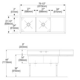 Weldbilt Stainless Steel 79-1/2" X 27-1/2" X 14" Floor Mount Triple Compartment 0-Hole Scullery Sink W/Left Drainboard, WNSF8254R0