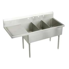 Weldbilt Stainless Steel 70-1/2" X 27-1/2" X 14" Floor Mount Triple Compartment 2-Hole Scullery Sink W/Left Drainboard, WNSF8345L2