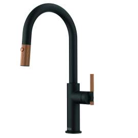 Franke Maris Stripes 16.75-Inch Single Handle Pull-Down Spray Faucet In Matte Black With Copper Accents