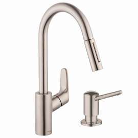 KK04505-04539SO Focus HighArc Pull-Down 1.75gpm Kitchen Faucet with Soap Dispenser in Steel Optic