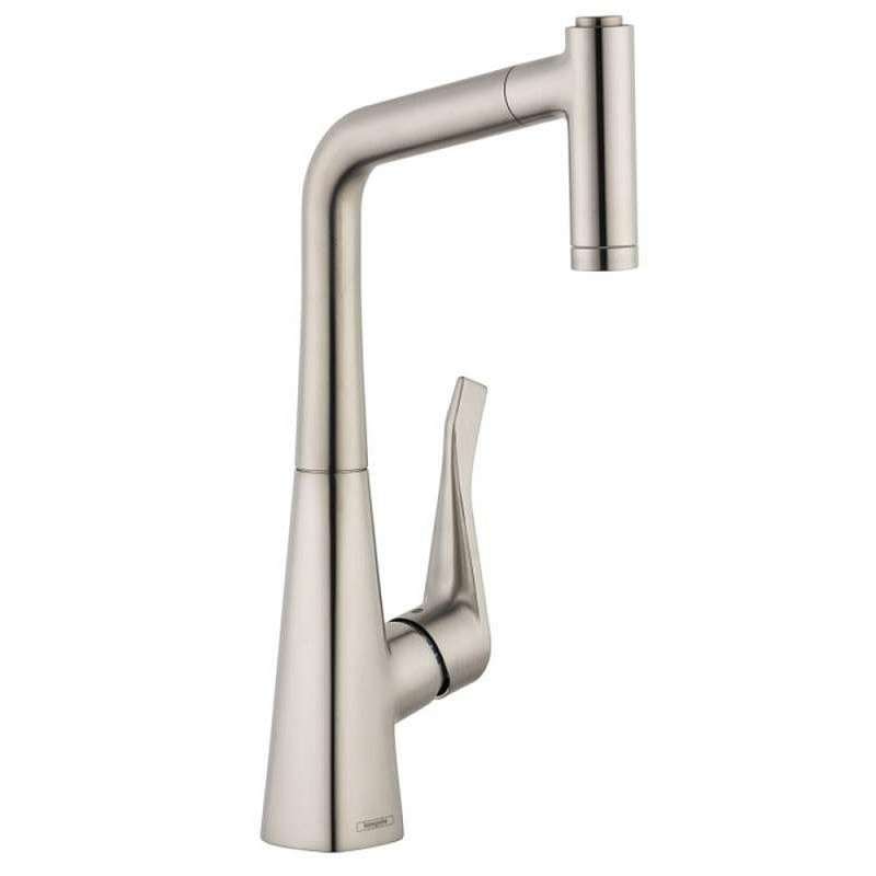 Hansgrohe Metris Pull Out Kitchen Faucet With Magnetic Docking And Locking Spray Diverter Steel Optik