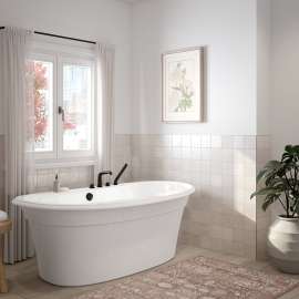 Ella Sleek 66 x 36 Acrylic Freestanding Center Drain Bathtub in White with White Skirt