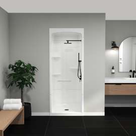 Camelia SHR-3636 Acrylic Alcove Center Drain No Seat Three-Piece Shower in White