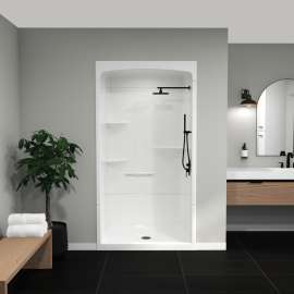 Camelia SHR-4834 Acrylic Alcove Center Drain No Seat Three-Piece Shower in White