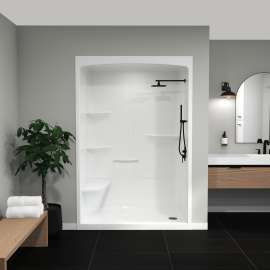 Camelia SHR-6034 Acrylic Alcove Right-Hand Drain Left Molded Seat One-Piece Shower in White