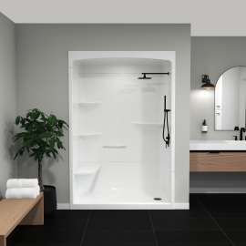 Camelia SHR-6034 Acrylic Alcove Right-Hand Drain Left Molded Seat Three-Piece Shower in White