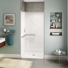 OPS-3636 - L-Shaped Grab Bar AcrylX Alcove Center Drain One-Piece Shower in White