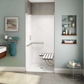 OPS-3636 - L-shaped Grab Bar and Seat AcrylX Alcove Center Drain One-Piece Shower in White