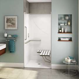 OPS-3636 - L-Shaped and Vertical Grab Bar and Seat AcrylX Alcove Center Drain One-Piece Shower in White