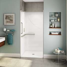 OPS-3636-RS - L-shaped and Vertical Grab Bar AcrylX Alcove Center Drain One-Piece Shower in White