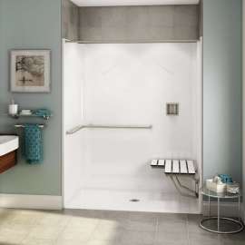 OPS-6030-RS - ADA Grab Bar and Seat AcrylX Alcove Center Drain One-Piece Shower in White