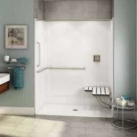 OPS-6030-RS - ANSI Grab Bar and seat AcrylX Alcove Center Drain One-Piece Shower in White