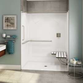 OPS-6036-RS - ANSI Grab Bar and seat AcrylX Alcove Center Drain One-Piece Shower in White