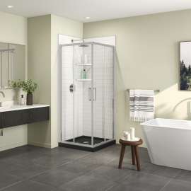 Scarlet 32 x 32 Acrylic Corner Drain Shower Kit in Black with Clear Glass in Chrome