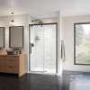 Uptown 44-47 x 76 in. 8 mm Sliding Shower Door for Alcove Installation with Clear glass in Matte Black & Wood