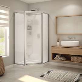 Orchid 38 x 38 Polystyrene Center Drain Shower Kit in White with Centre Silk glass in Chrome
