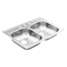 2000 Series 33" x 22" Stainless Steel 20 Gauge Double Bowl Drop In Sink, GS202173BQ