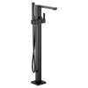 90 Degree Matte black one-handle tub filler includes hand shower