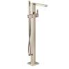90 Degree Brushed nickel one-handle tub filler includes hand shower