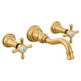 Weymouth Brushed Gold Two-Handle High Arc Wall Mount Bathroom Faucet