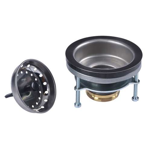 EZ-Mount Sink Basket Strainer with Stainless Steel Body and Basket with EZ-Mount Connection and Brass Nut, Plastic Post and Rubber Stopper.