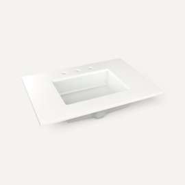 Quartz Stone Vanity Top, 30" x 1-1/8" x 23", Center Undercounter Sink, White Zeus Extreme, Three Hole, For Sendai and Chestnut Hill