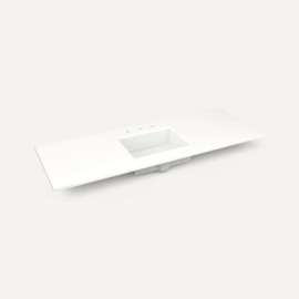 Quartz Stone Vanity Top, 56" x 1-1/8" x 23", Center Undercounter Sink, White Zeus Extreme, Three Hole, For Alisal