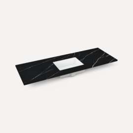 Quartz Stone Vanity Top, 56" x 1-1/8" x 23", Center Undercounter Sink, Eternal Marquina, Three Hole, For Alisal